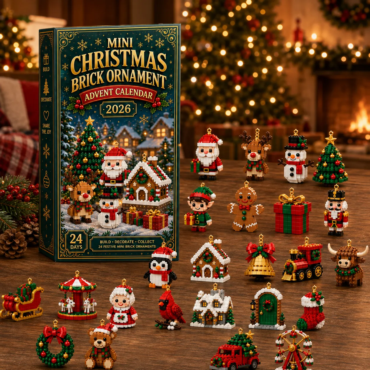 Julkalender med juldekorationer och färdig festlig samling