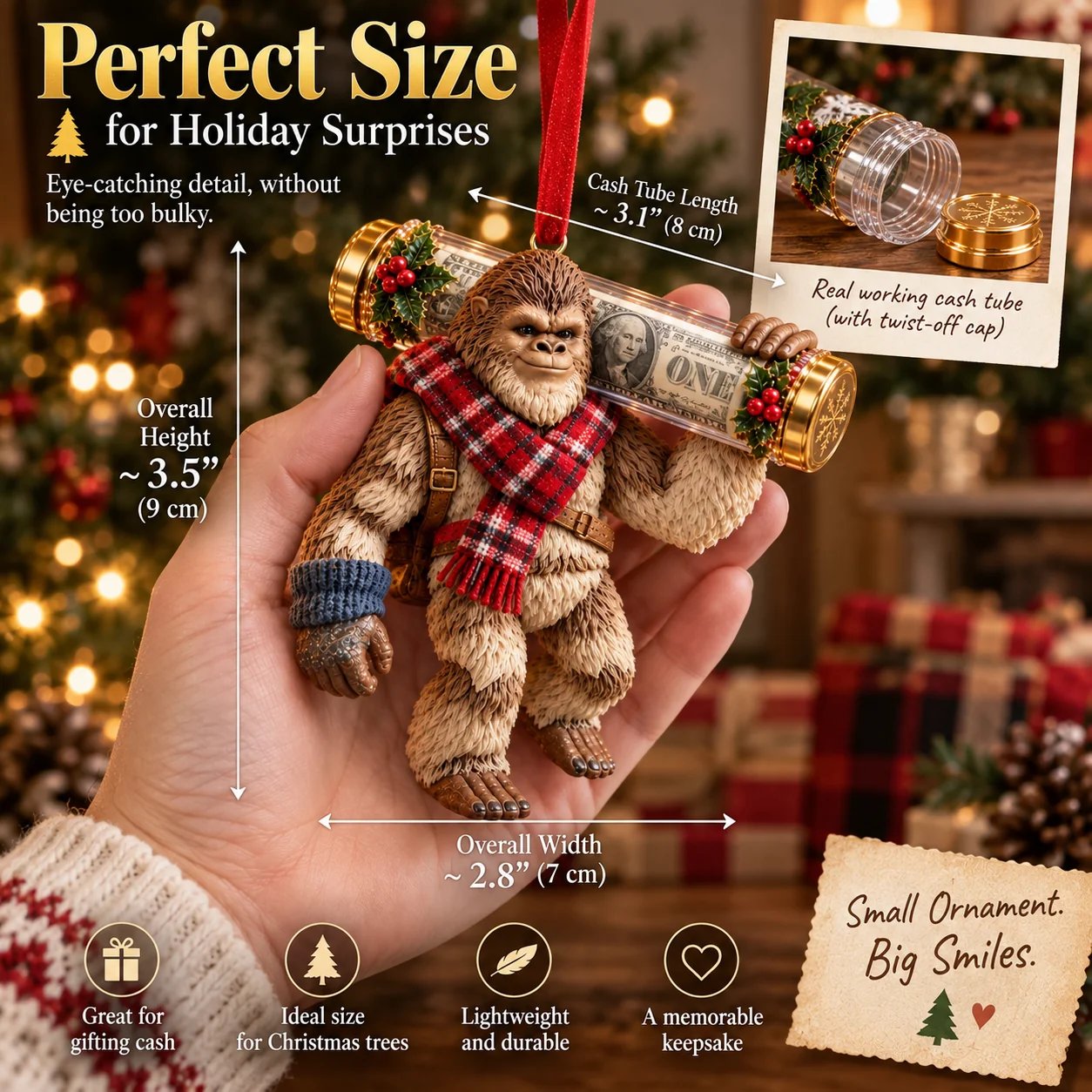 Bigfoot Cash Keeper dimensions and Christmas tree scale