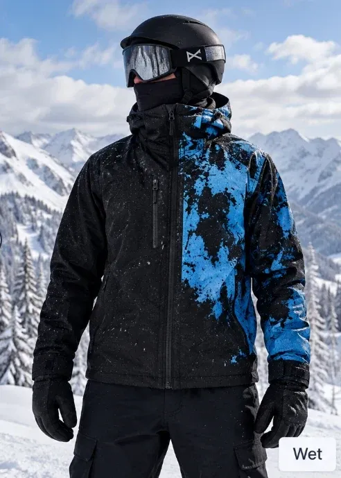 Jacke mit blauem Reaktionsmuster im nassen Zustand