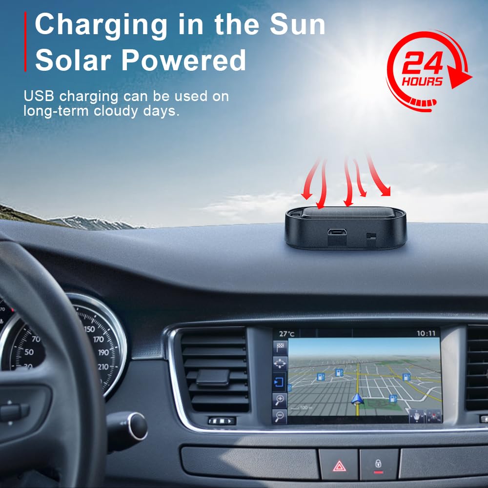 Solar car warning light charging in sunlight on a vehicle dashboard with USB backup charging