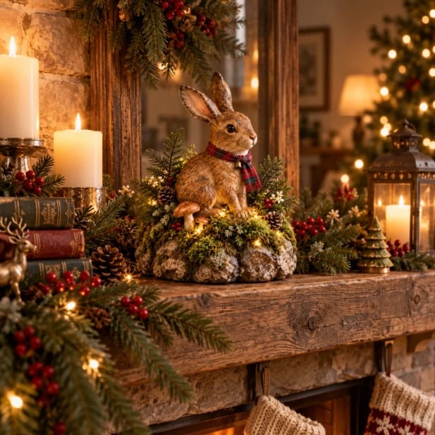 Rabbit figurine glowing on a holiday mantel at night