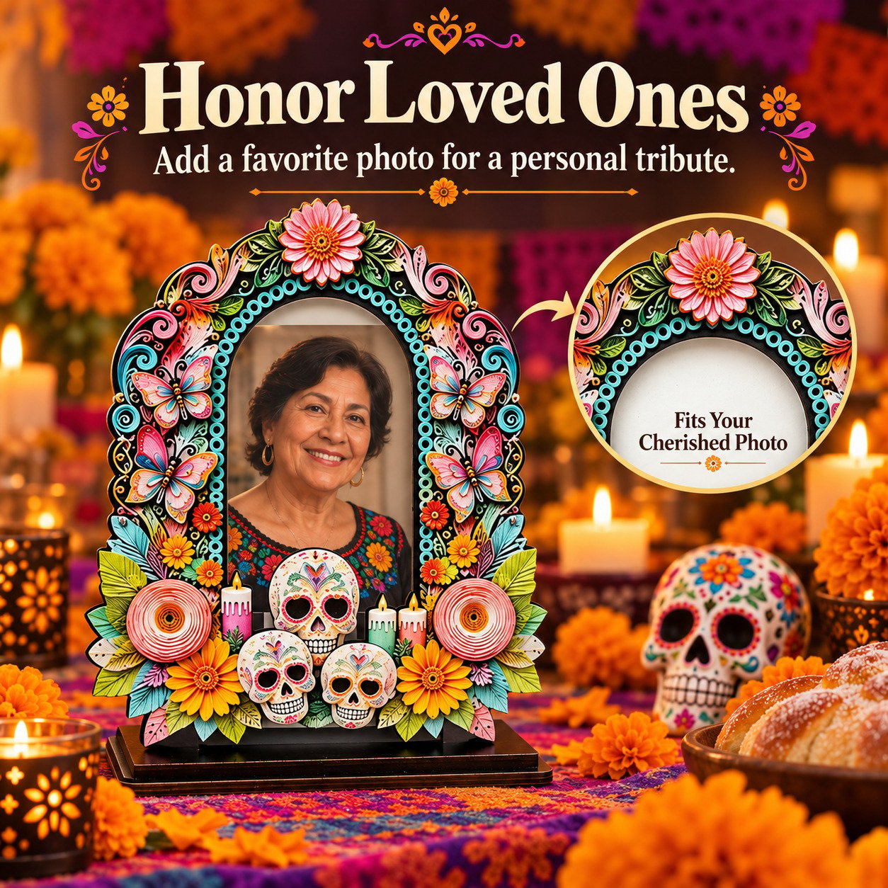 Día de los Muertos memorial photo display honoring loved ones