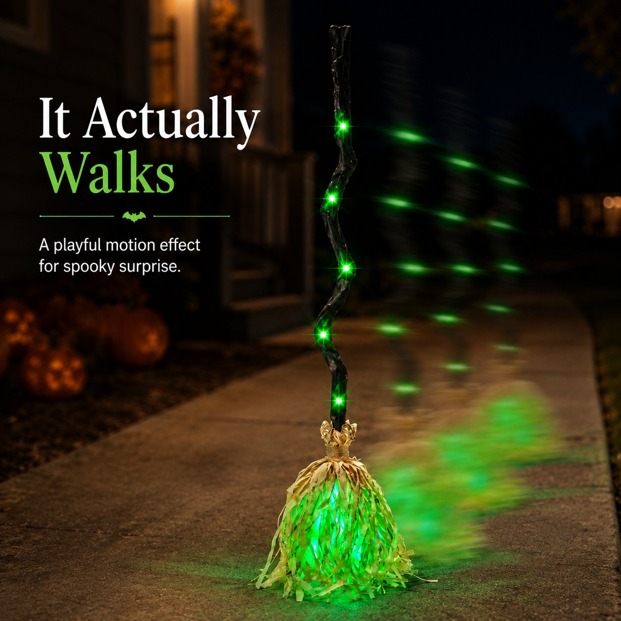 Animated Halloween broom demonstrating its walking motion on a flat walkway Animated Halloween broom demonstrating its walking motion on a flat walkway
