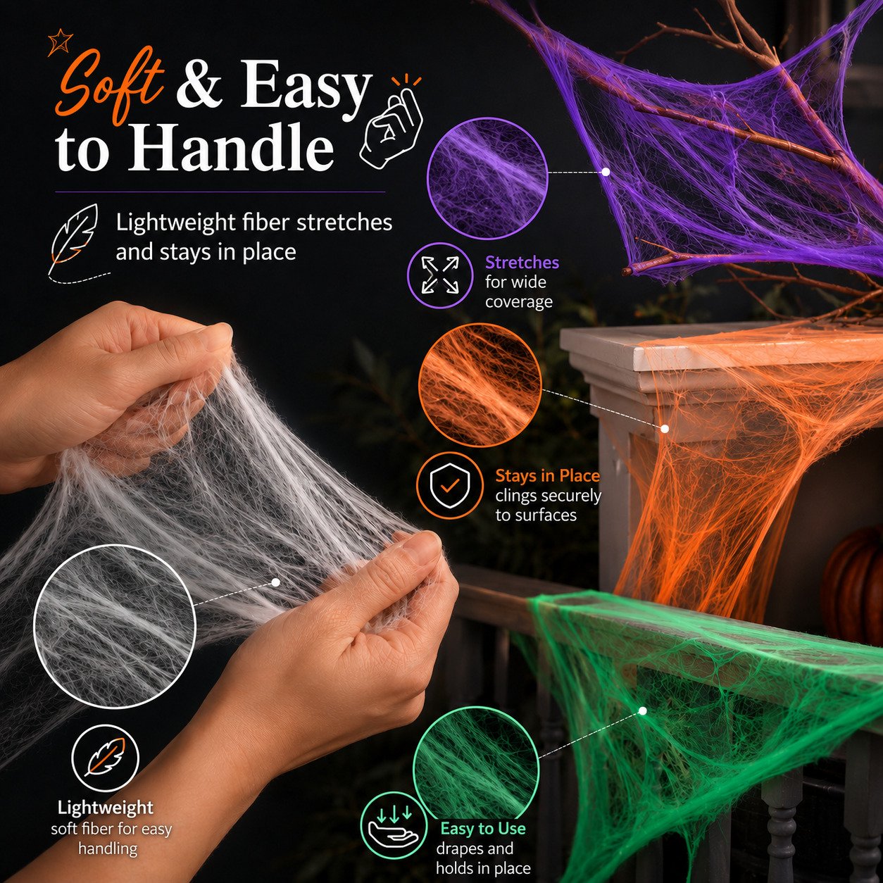 Soft lightweight stretchable Halloween spider web fiber