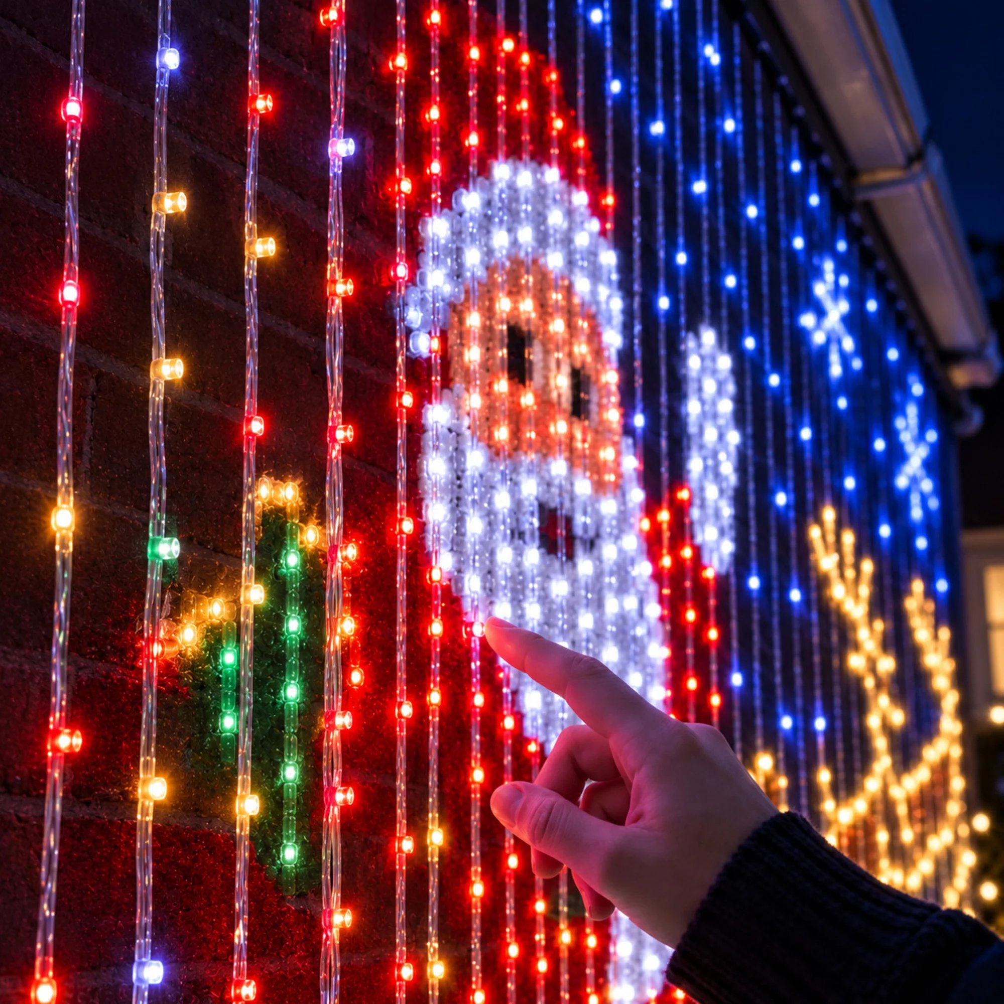 Close view of individual LED strands forming a colorful Santa scene