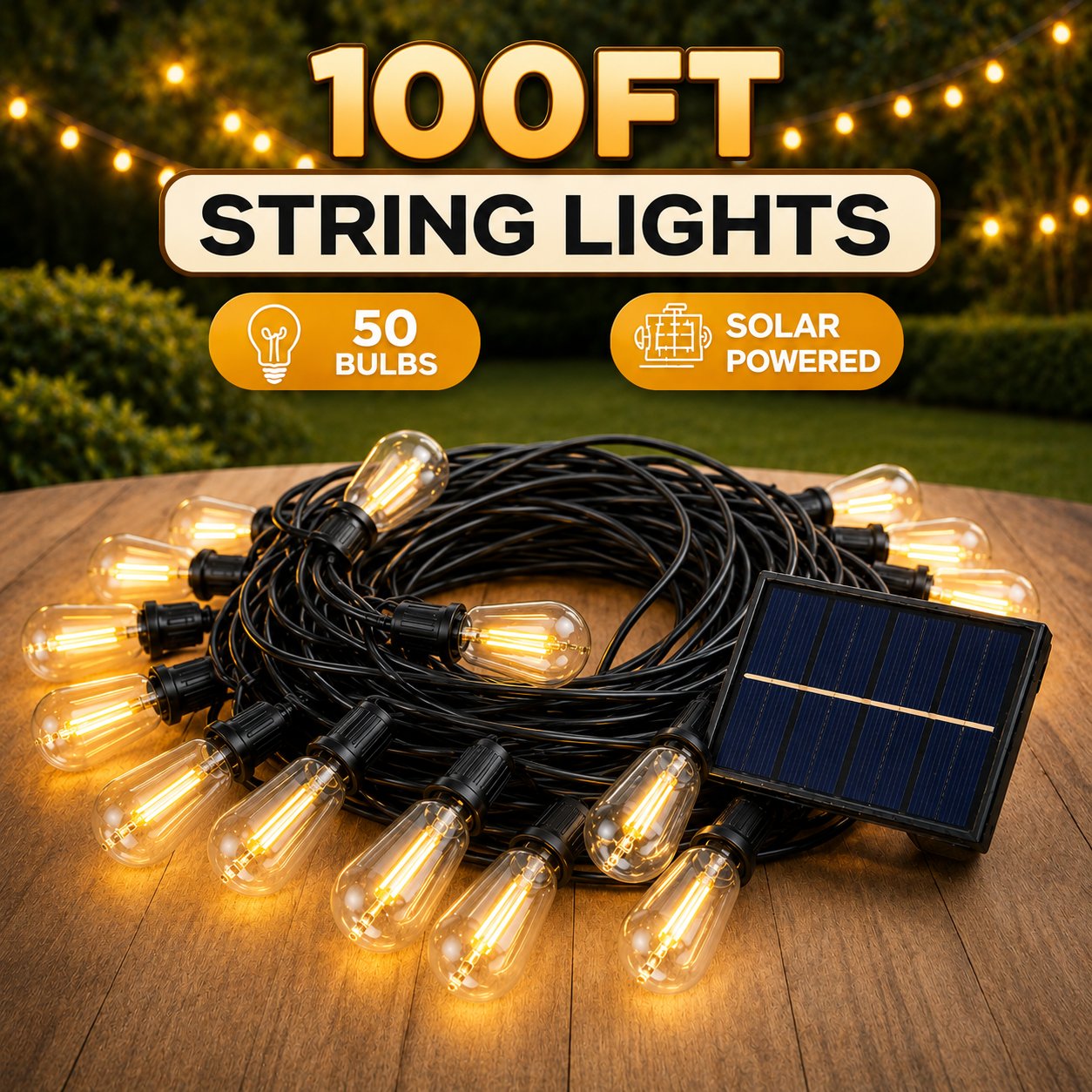 100FT solar outdoor string lights with 50 warm white vintage bulbs 100FT solar outdoor string lights with 50 warm white vintage bulbs