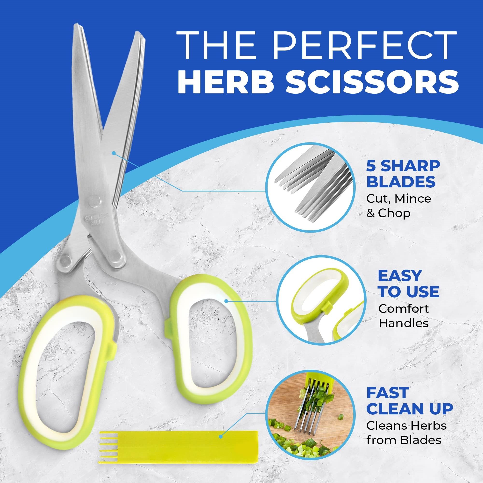 Five sharp herb-scissor blades with comfortable handles and fast-clean comb