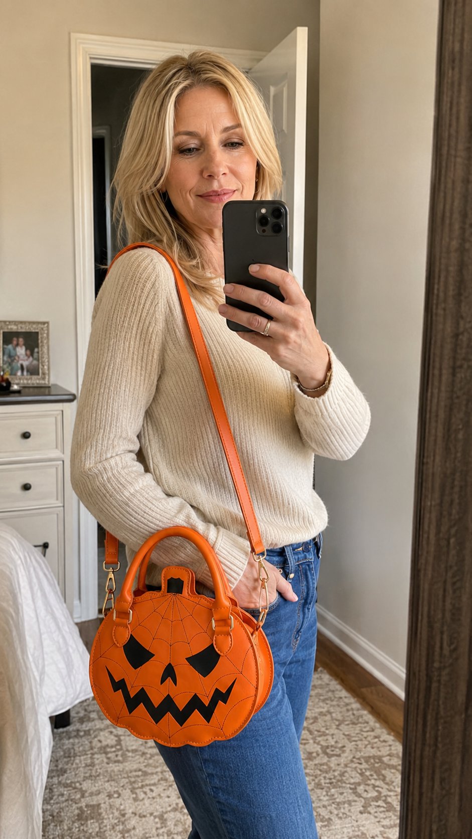 Customer mirror selfie wearing the orange pumpkin handbag with shoulder strap