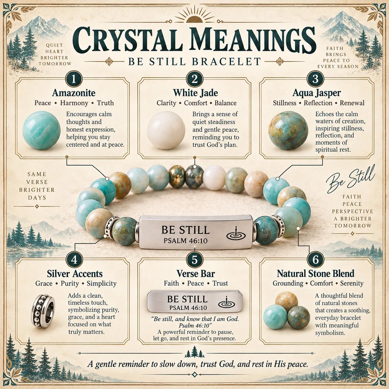 Be Still bracelet design details and centerpiece verse bar