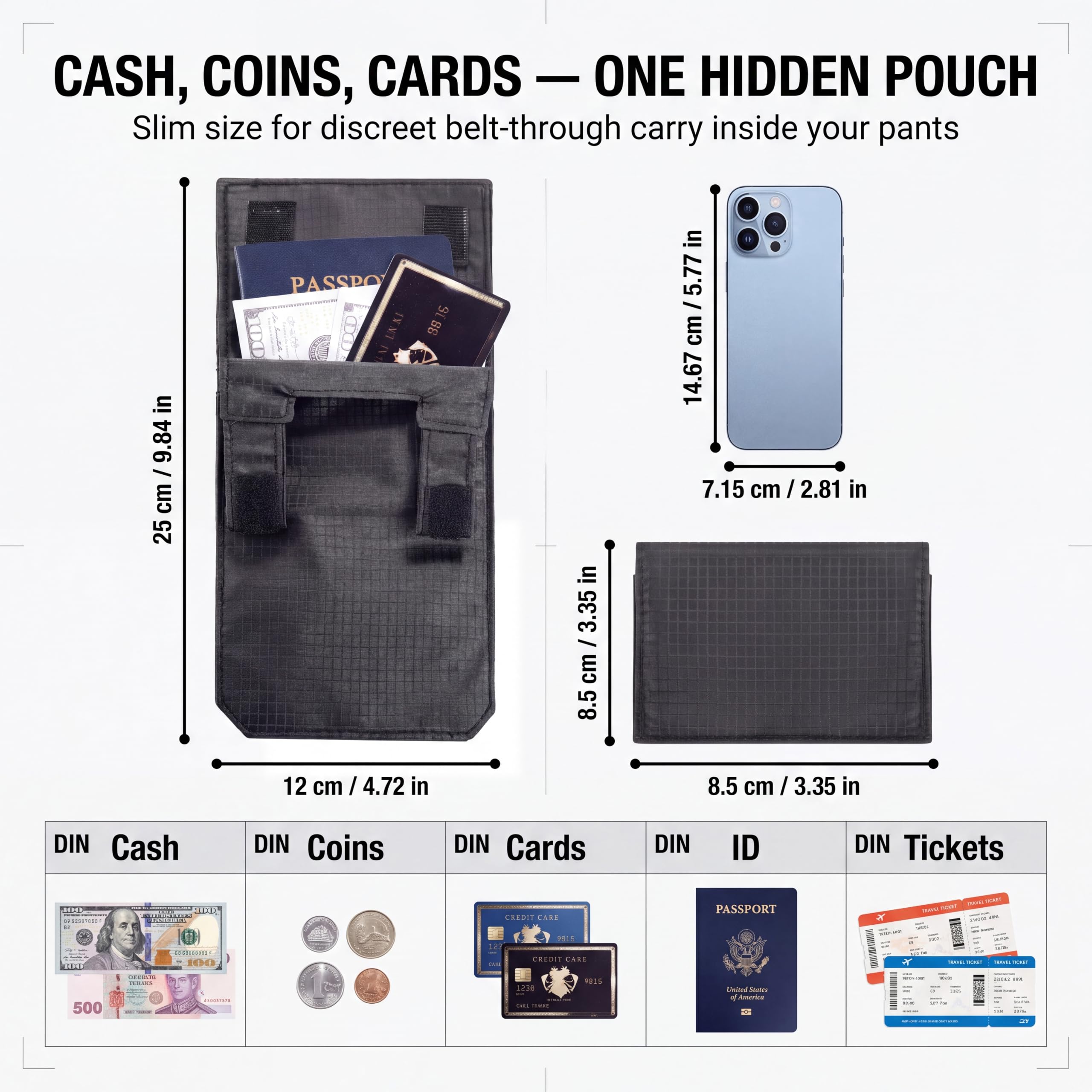 Hidden travel wallet size illustration with unfolded dimensions and examples of cash, coins, cards, a passport and tickets