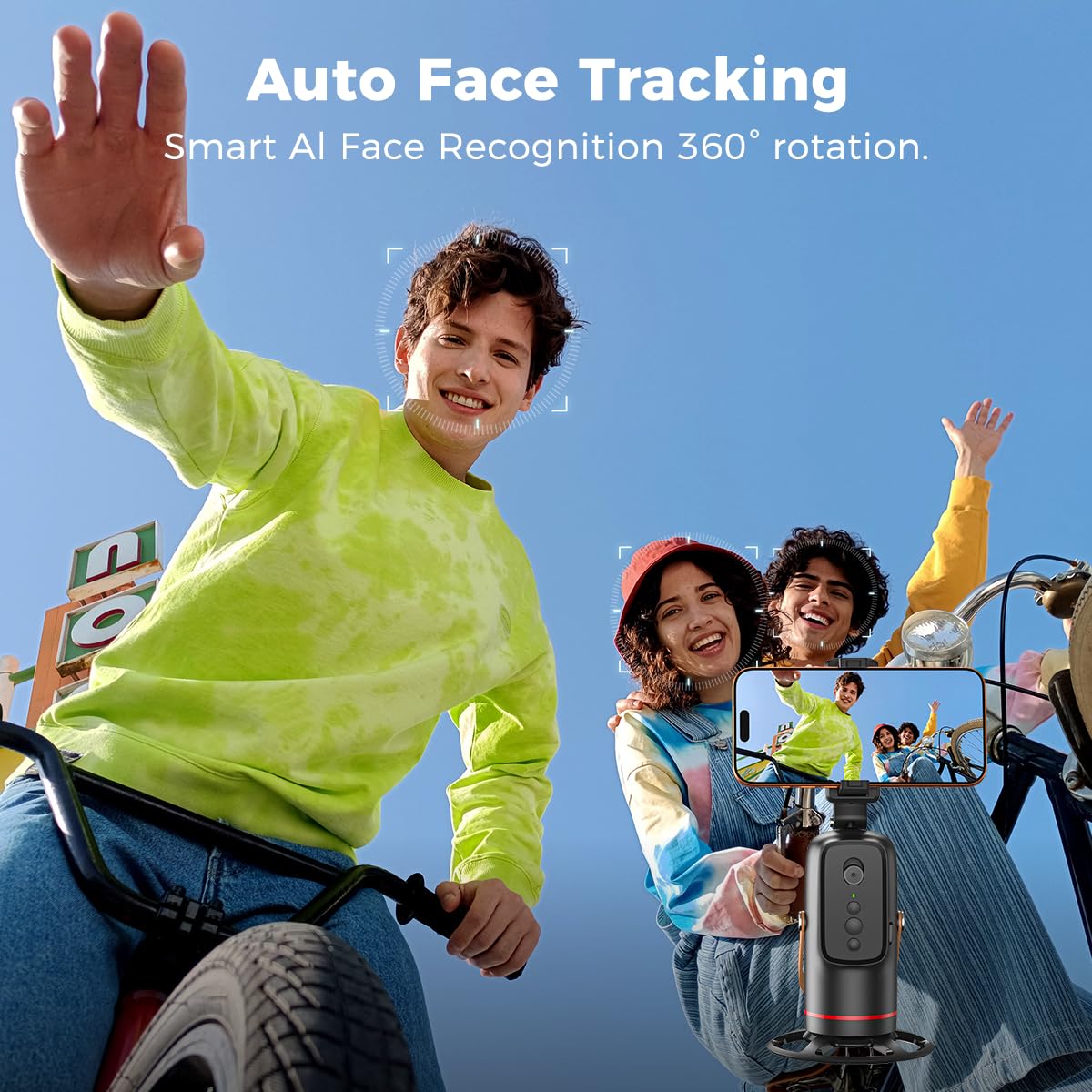 Smart face recognition phone holder tracking several people during an outdoor recording