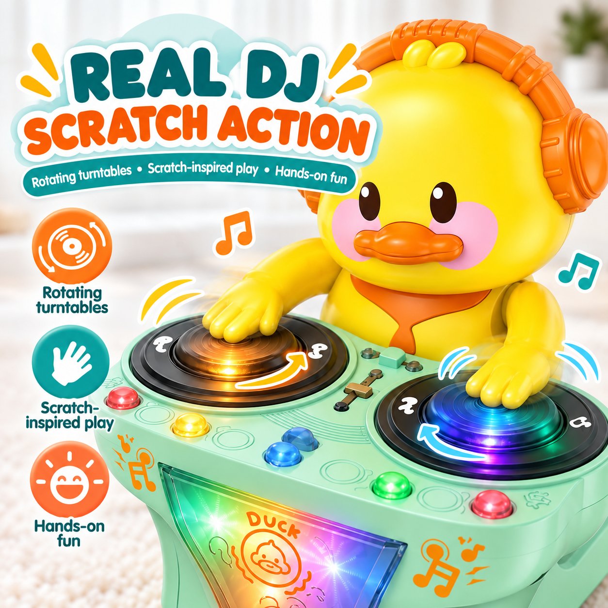 Close-up of the DJ duck's two rotating turntables demonstrating scratch-style spinning action