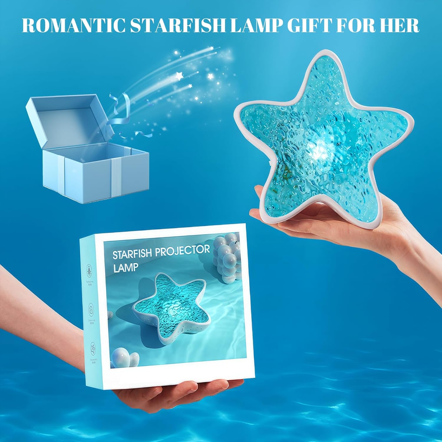Ocean Wave Projector Light, 7 Colors Rechargeable Starfish Night Light for Kids, Dimmable Water Ripple Lamp Ambient Lighting Aurora Projector for Room Decor, Unique Gifts for Kids Boys Girls