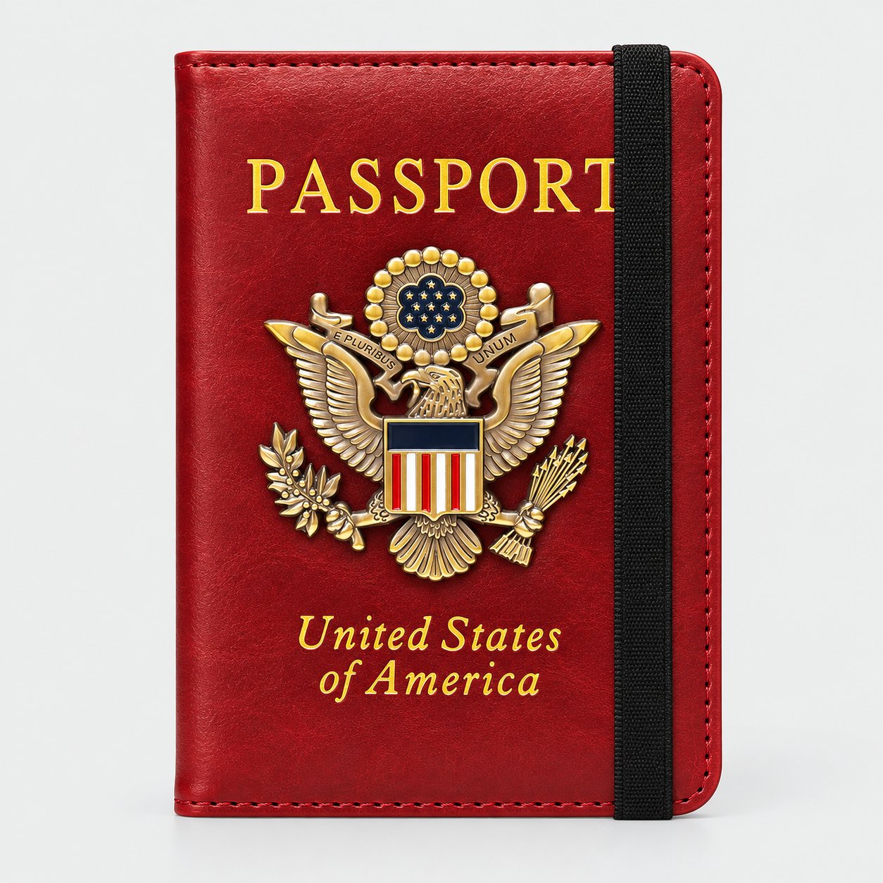 Red passport holder with a gold-tone 3D metal eagle badge and black elastic closure