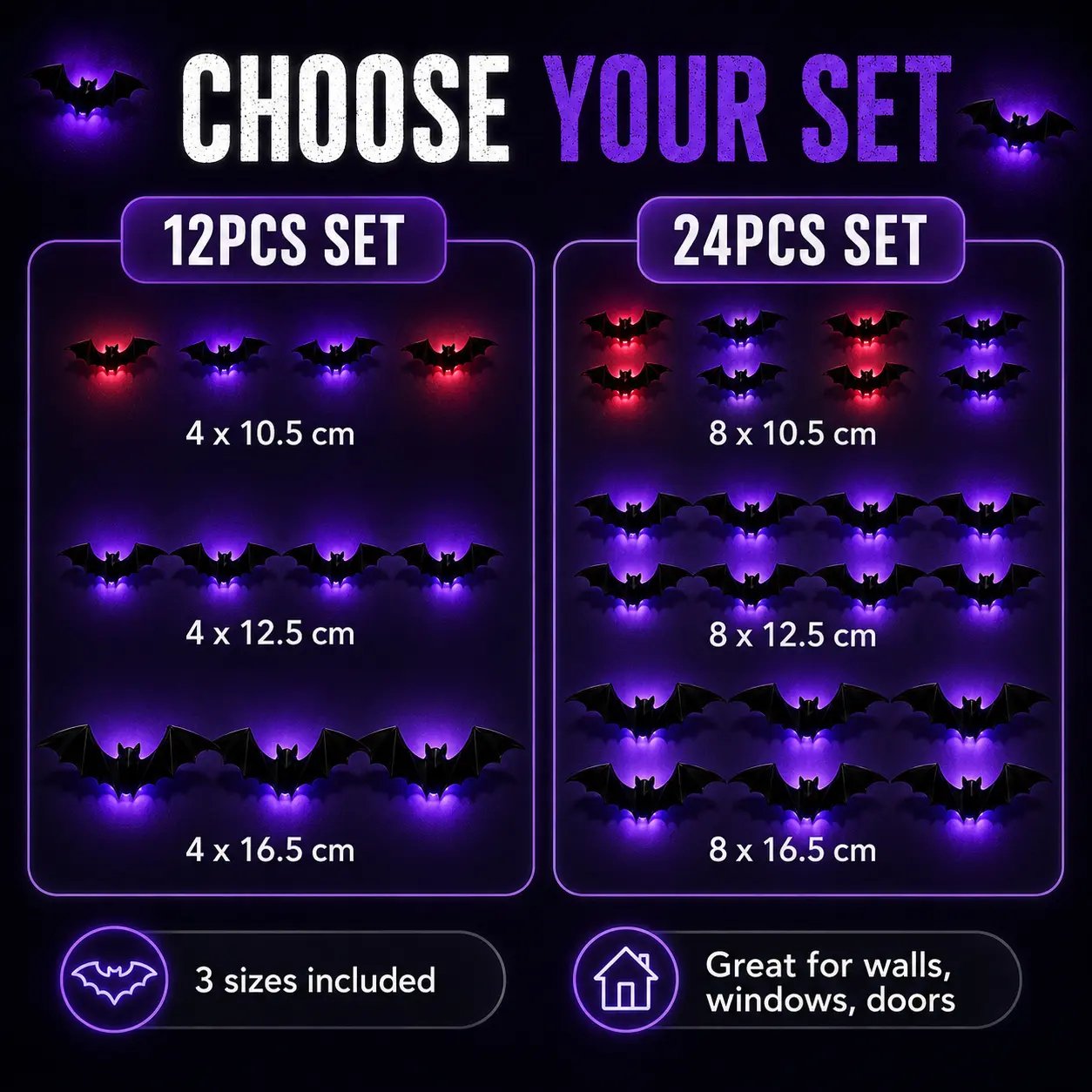 Twelve piece and twenty four piece LED Halloween bat decoration sets