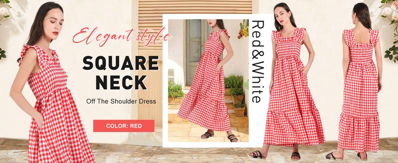 Product Introduction of Chouyatou Women's Retro Plaid Smocked Dress Spaghetti Strap Flounce Long Dress 8