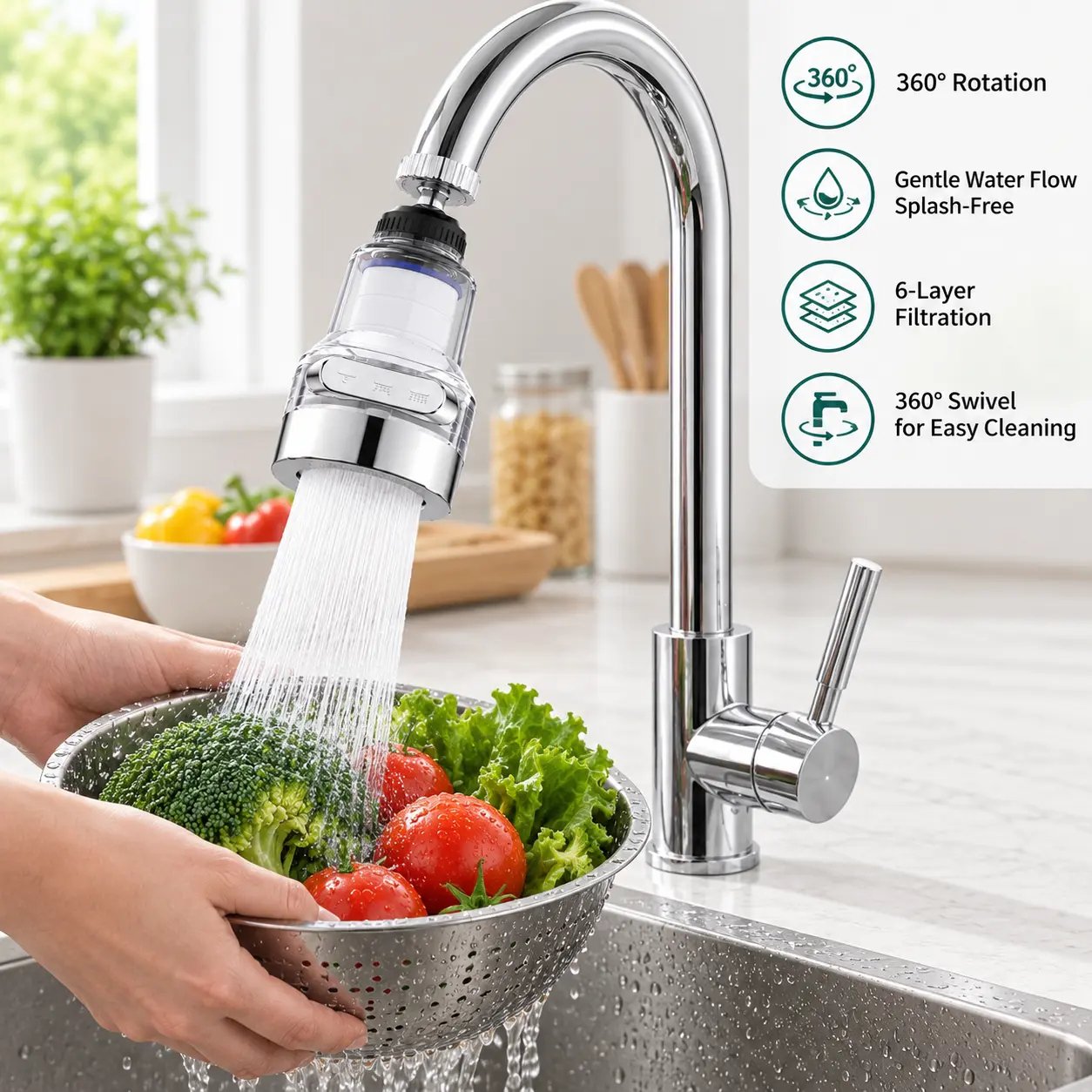 Kitchen faucet aerator washing vegetables with 360 degree swivel and six layer filtration