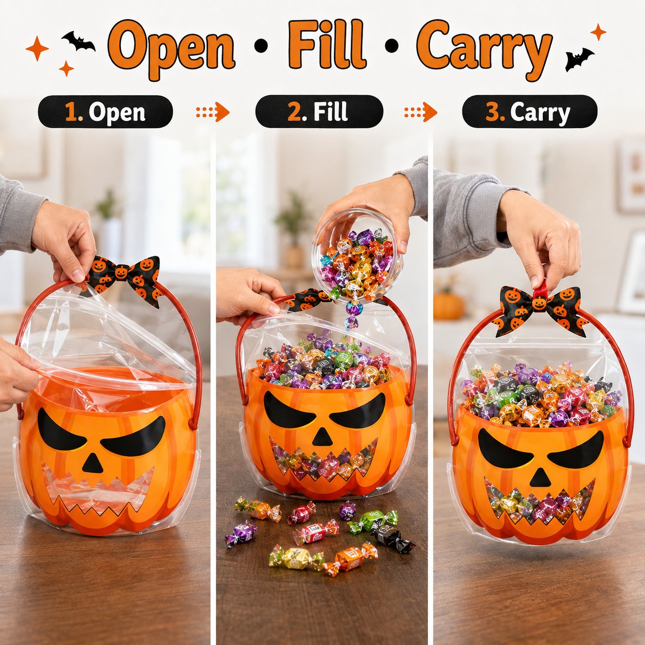 Three-step demonstration showing how to open, fill and carry the Halloween treat bag