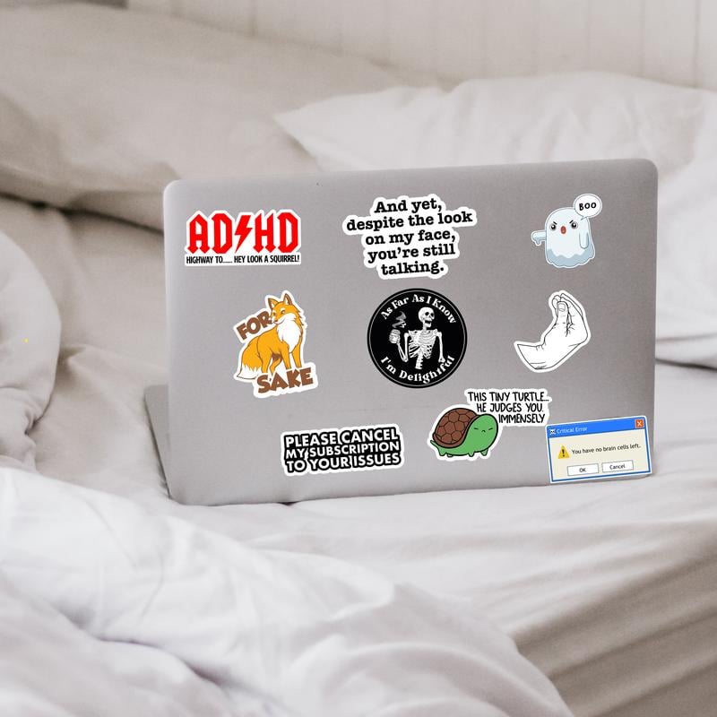 Laptop shell customized with sarcastic funny meme decals