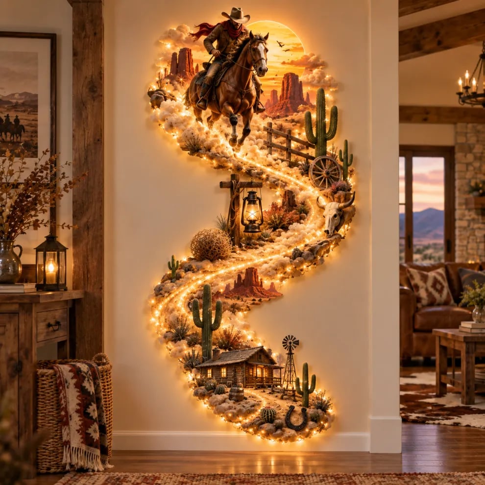 Western Cowboy LED wall decor with horseback rider and desert scene