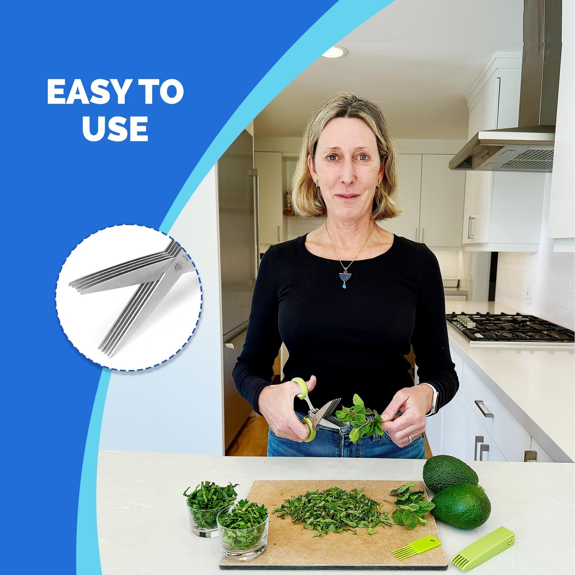 Home cook using five-blade kitchen scissors to cut fresh mint and leafy herbs