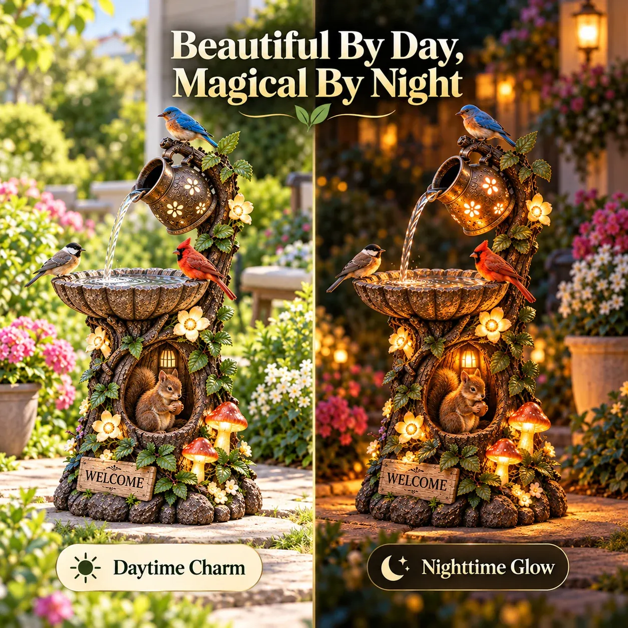 Beautiful by day magical by night solar garden fountain