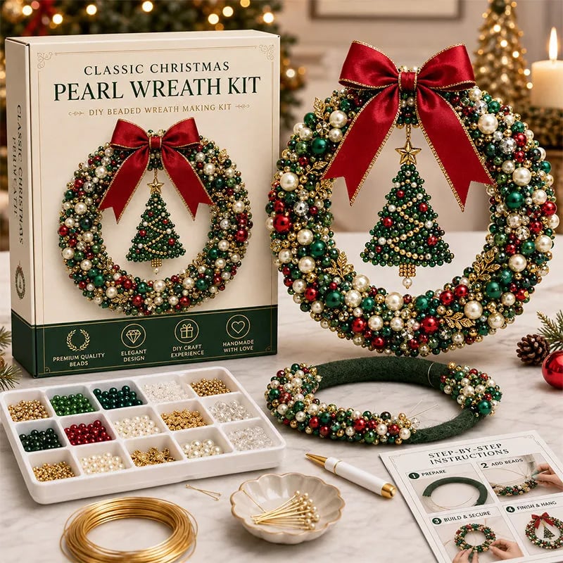 Classic DIY Christmas wreath with pearls, beads, ribbon and instructions
