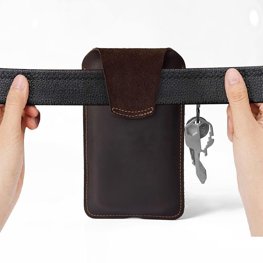Vintage Cowhide Belt Waist Bag for Men - Multifunctional Phone & Card Holder with Keychain Genuine leather Belt Bag hiking waist bag Leather phone case with belt loops cell phone holster Keychain Holder bag  for Outdoor Hiking Travel bag hip