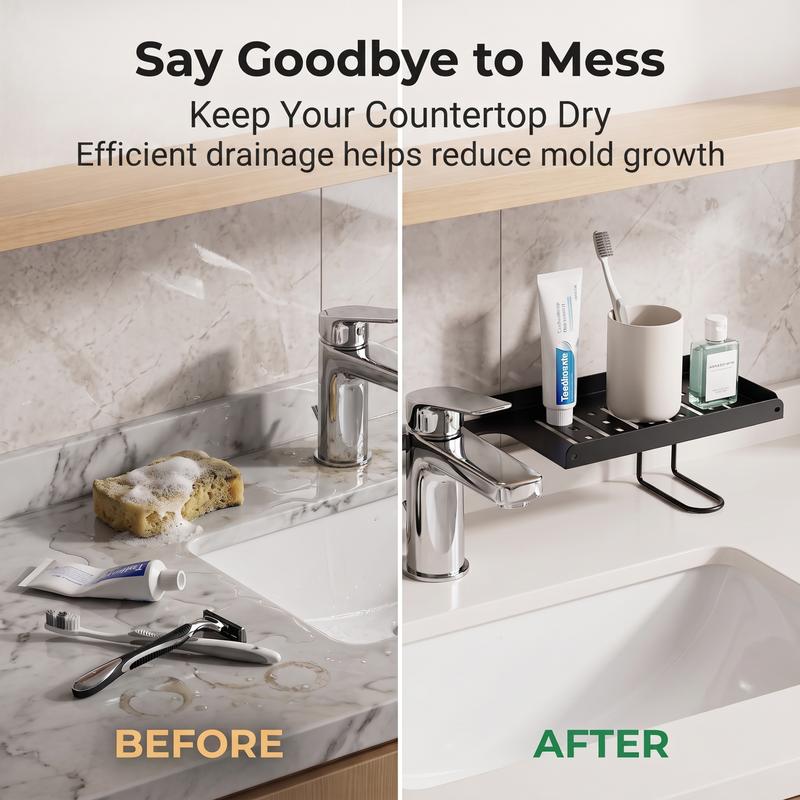 Before and after bathroom countertop organization with sink storage shelf