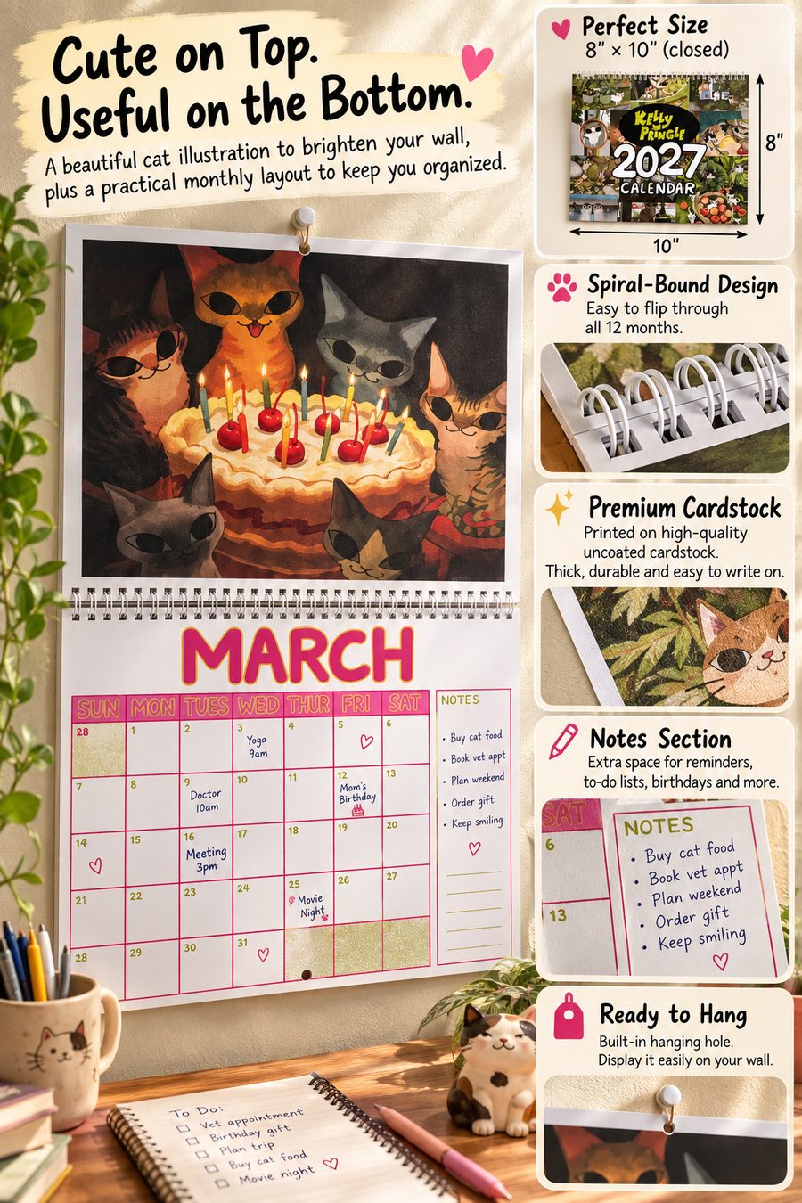 March cat calendar page with monthly grid, notes area, spiral binding and hanging hole