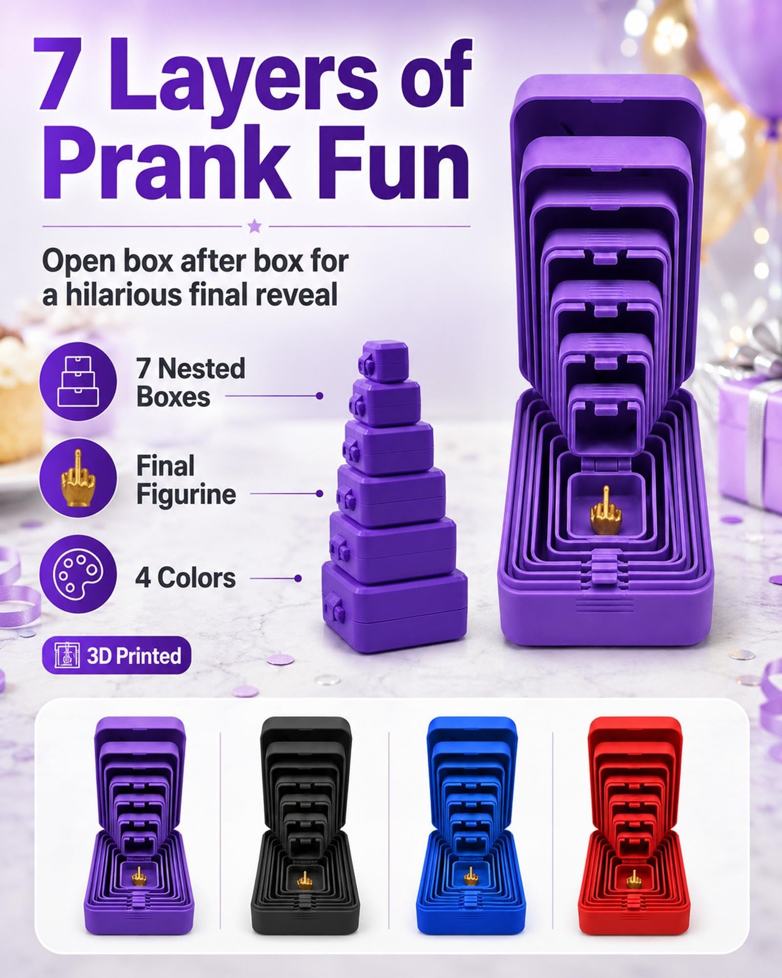 Seven-layer nesting prank gift box set with gold-colored middle-finger figurine and four color choices