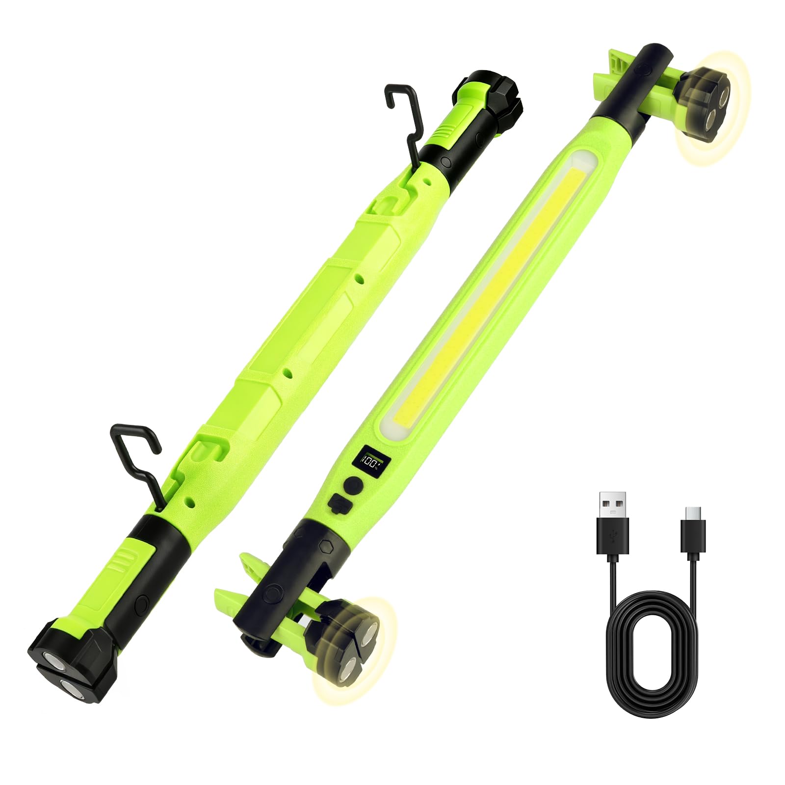 Rechargeable green COB mechanic work light with digital battery display, magnetic ends, hooks and USB Type-C cable