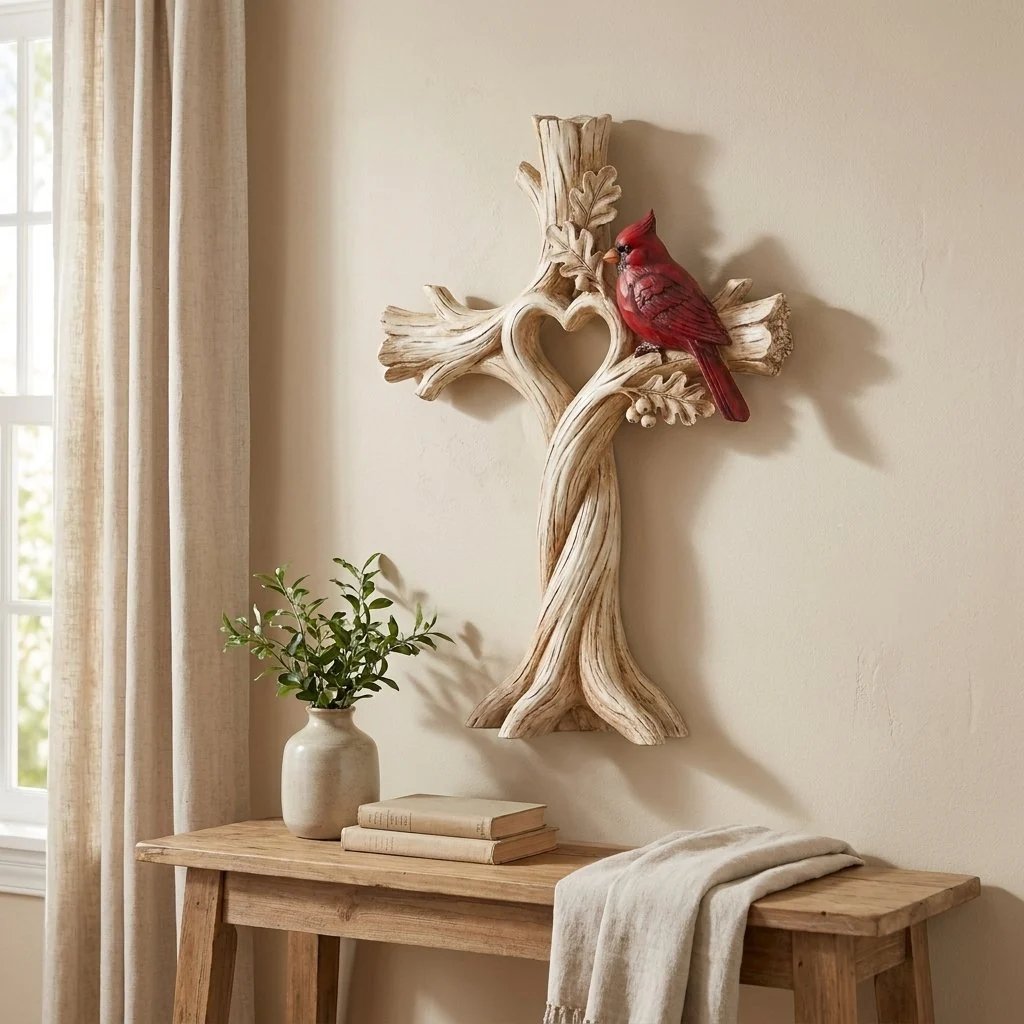 Natural wood grain on cardinal tree cross