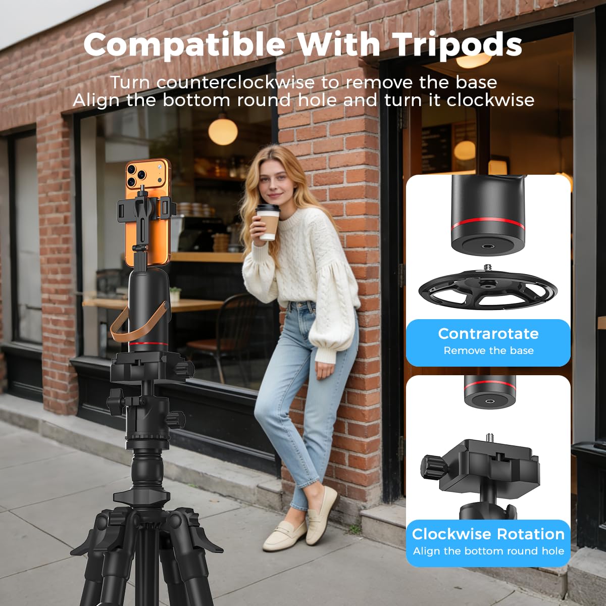 Tracking phone holder attached to a full-size tripod using its bottom threaded mount