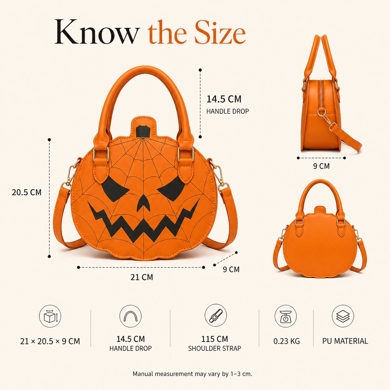 Size chart for orange pumpkin handbag showing 21 cm width 20.5 cm height 9 cm depth and strap measurements