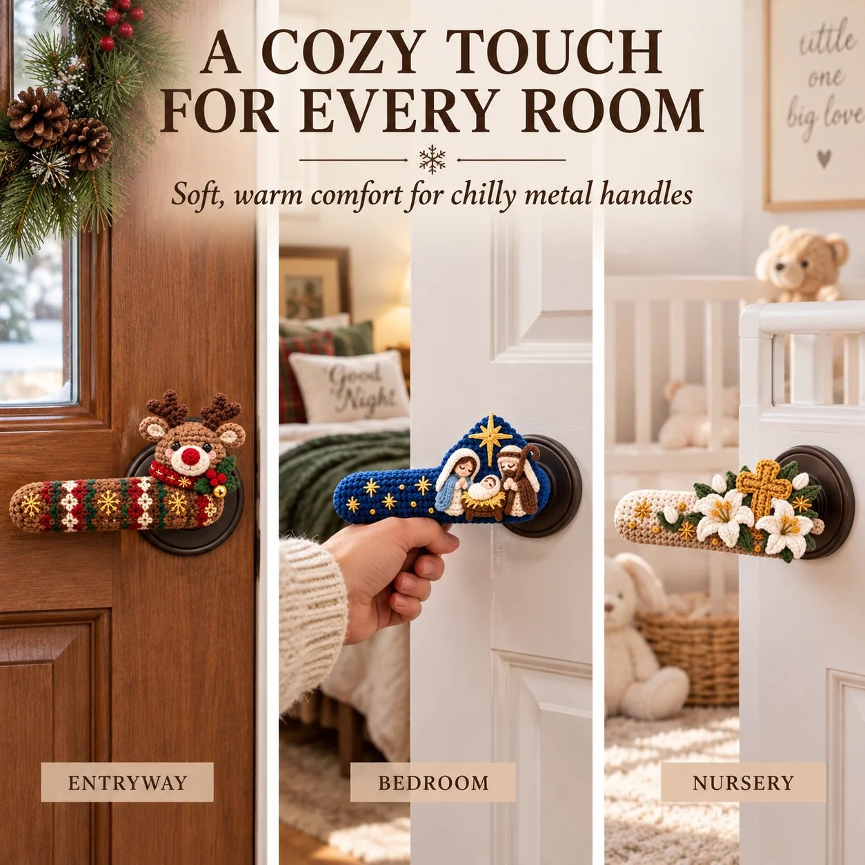 Faith-inspired crochet door handle cover shown in a styled gifting scene.