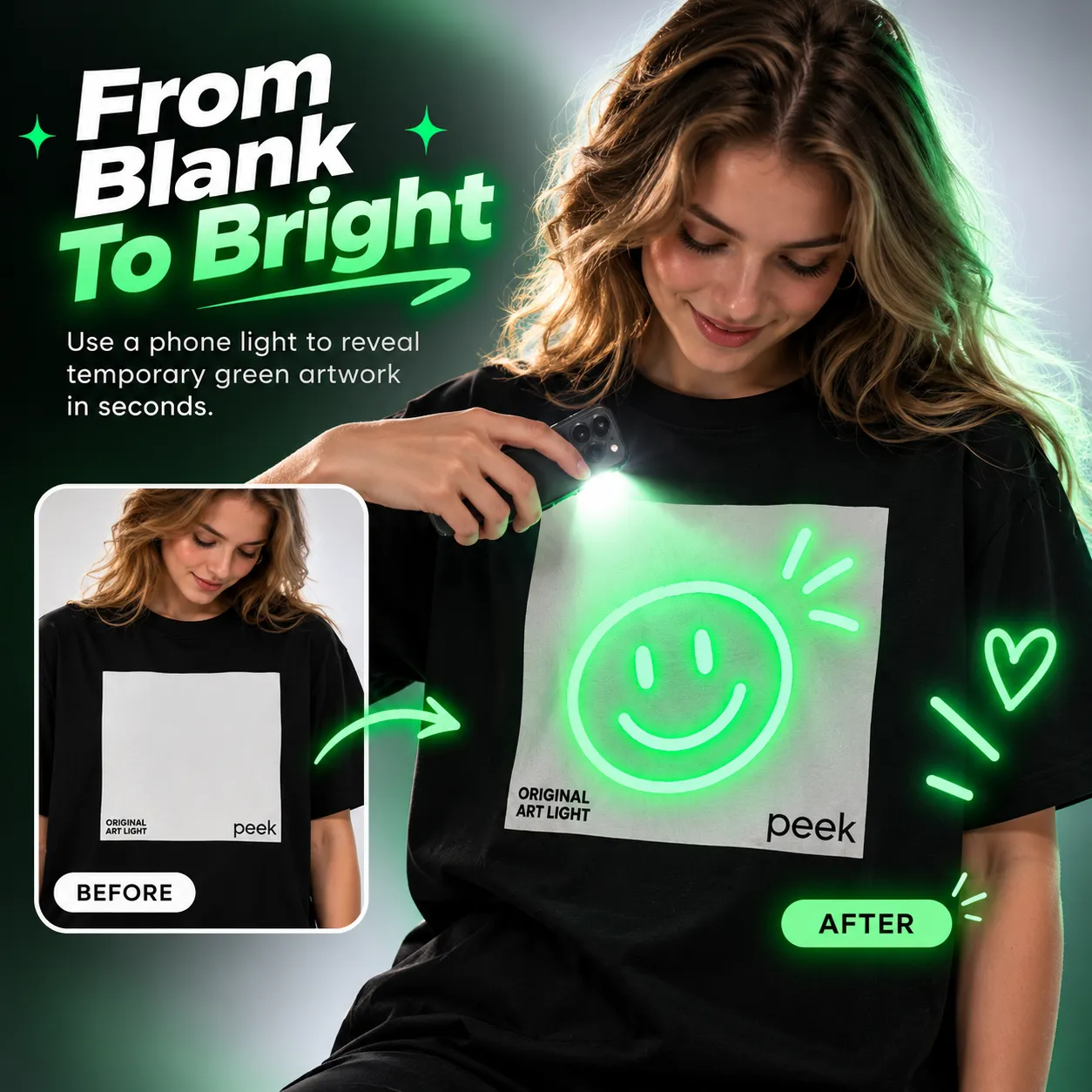 From Blank To Bright - Use a phone light to reveal temporary green artwork in seconds