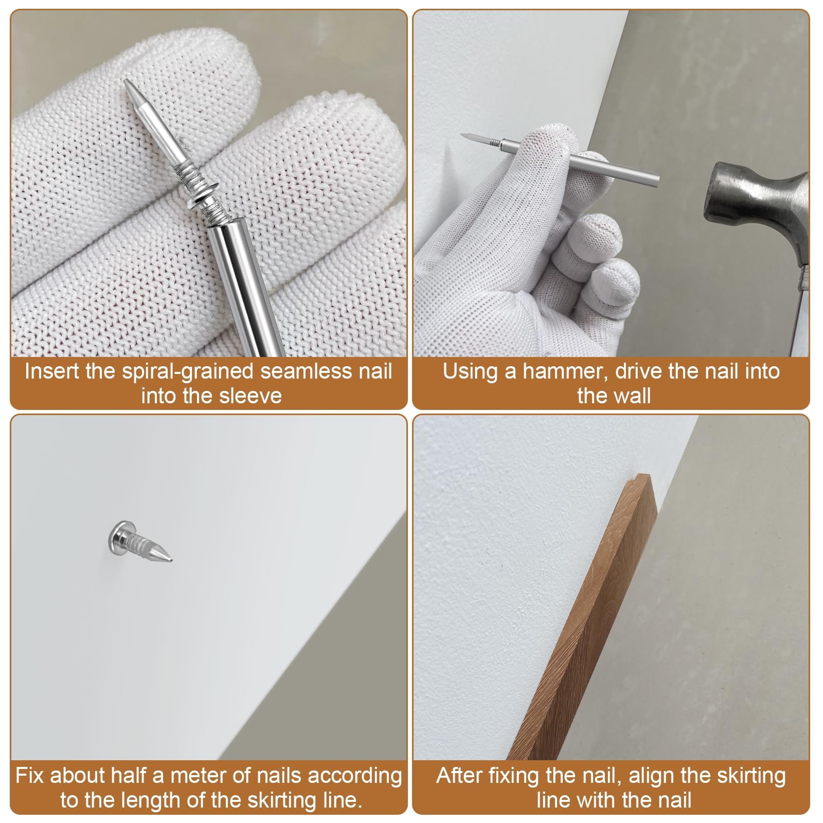 Four step guide to installing seamless skirting nails and aligning the baseboard