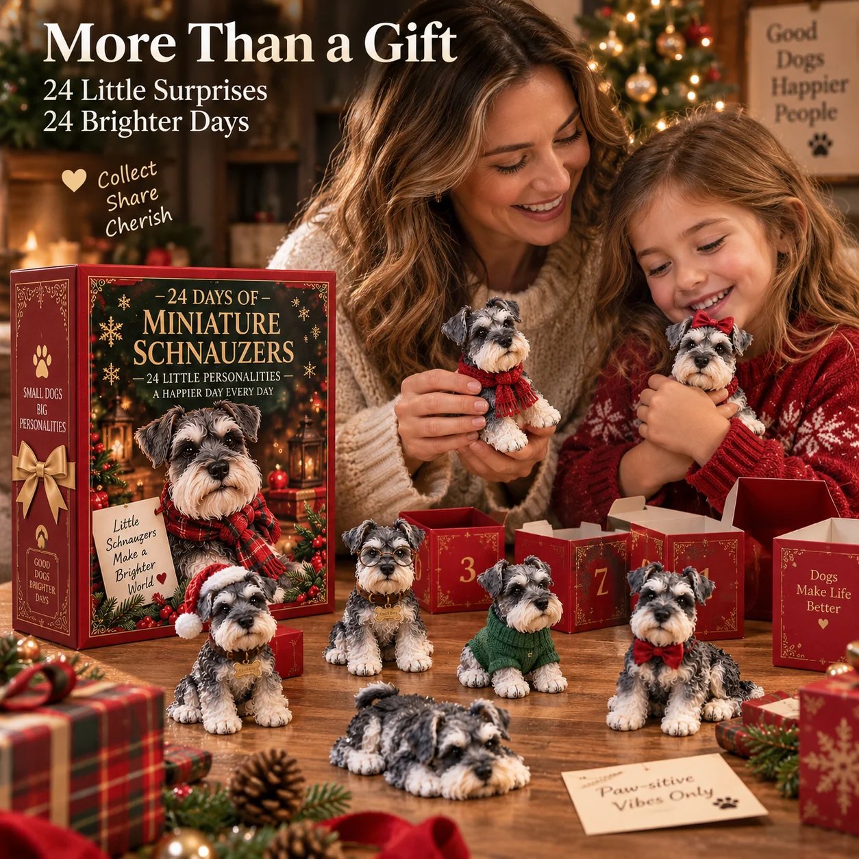 Mother and child opening Miniature Schnauzer daily surprises