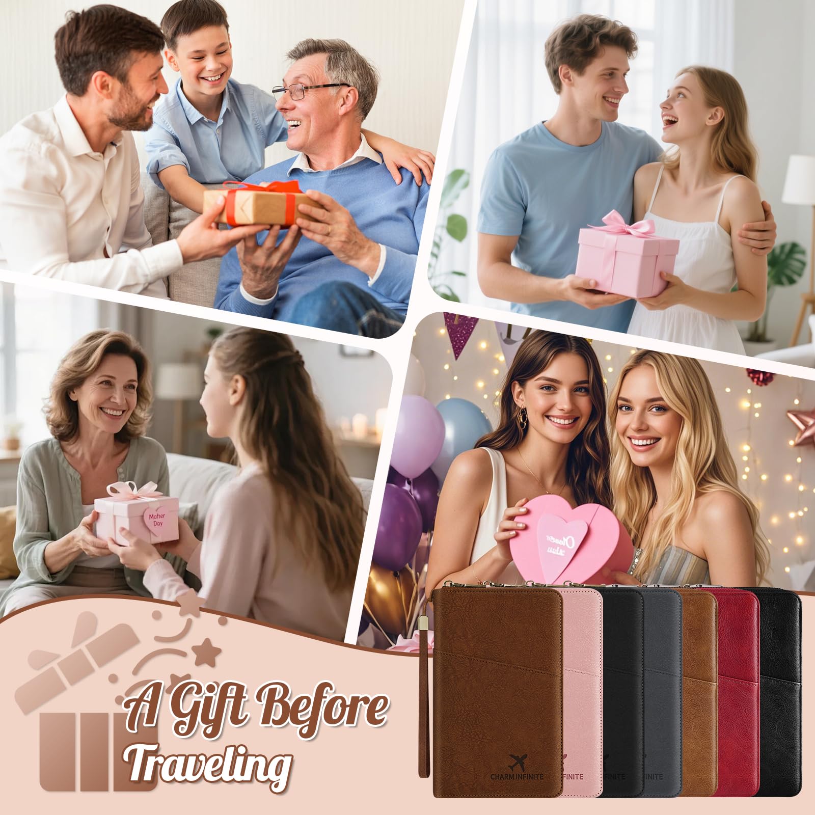 Passport wallets in assorted colors shown with family celebrations and gift-giving scenes