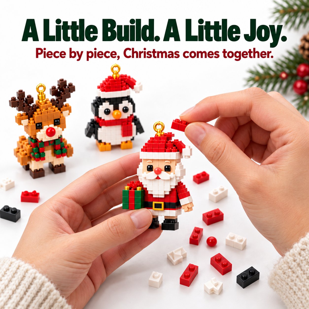 Hands putting together a Santa mini brick ornament