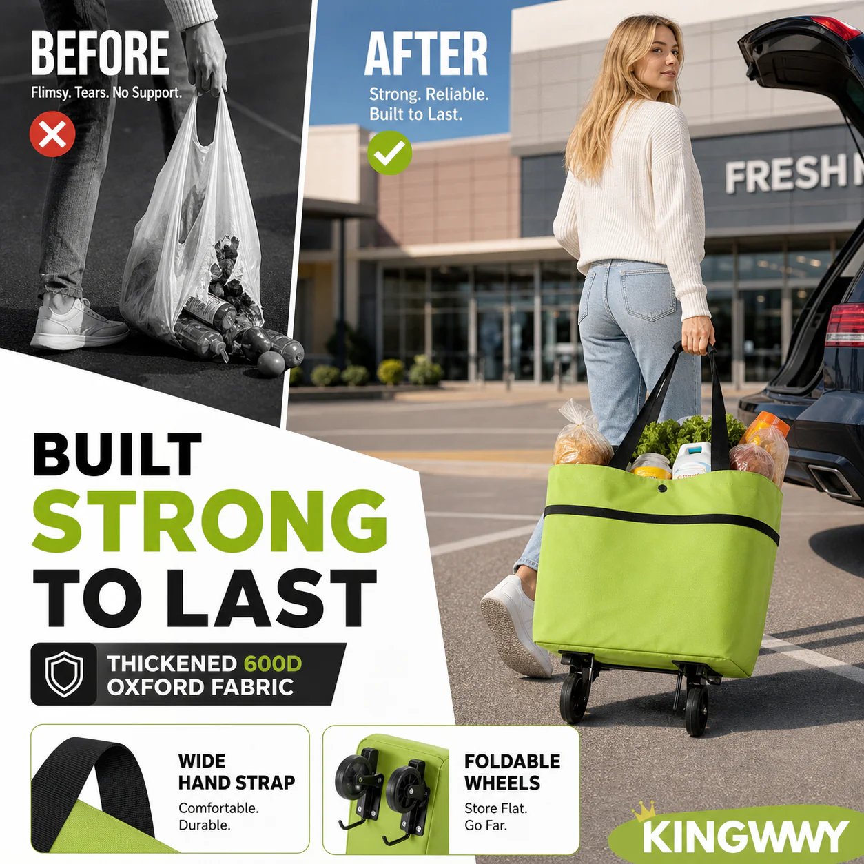 Foldable shopping bag with wheels