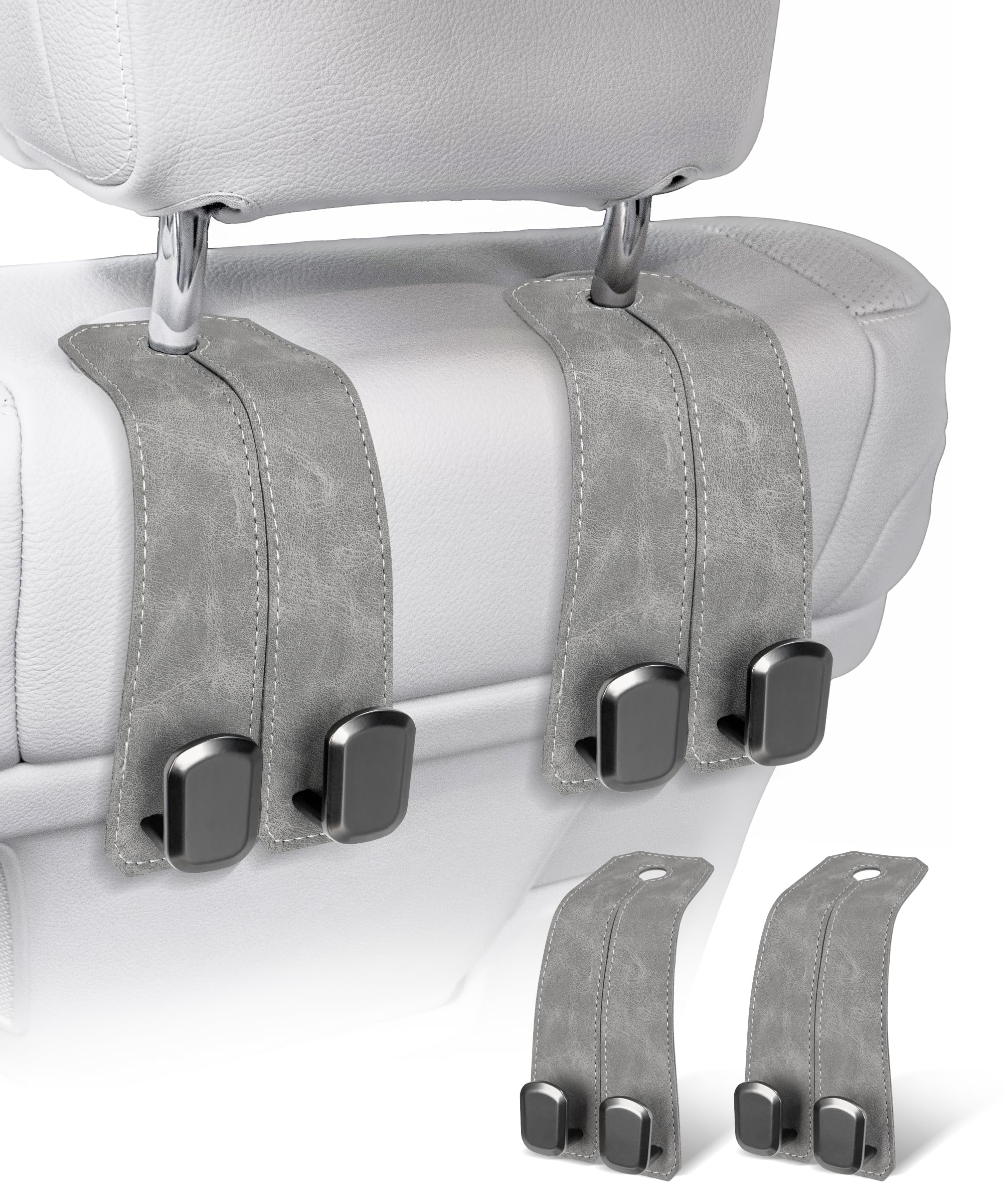 Premium leather dual car headrest hooks installed on vehicle seat