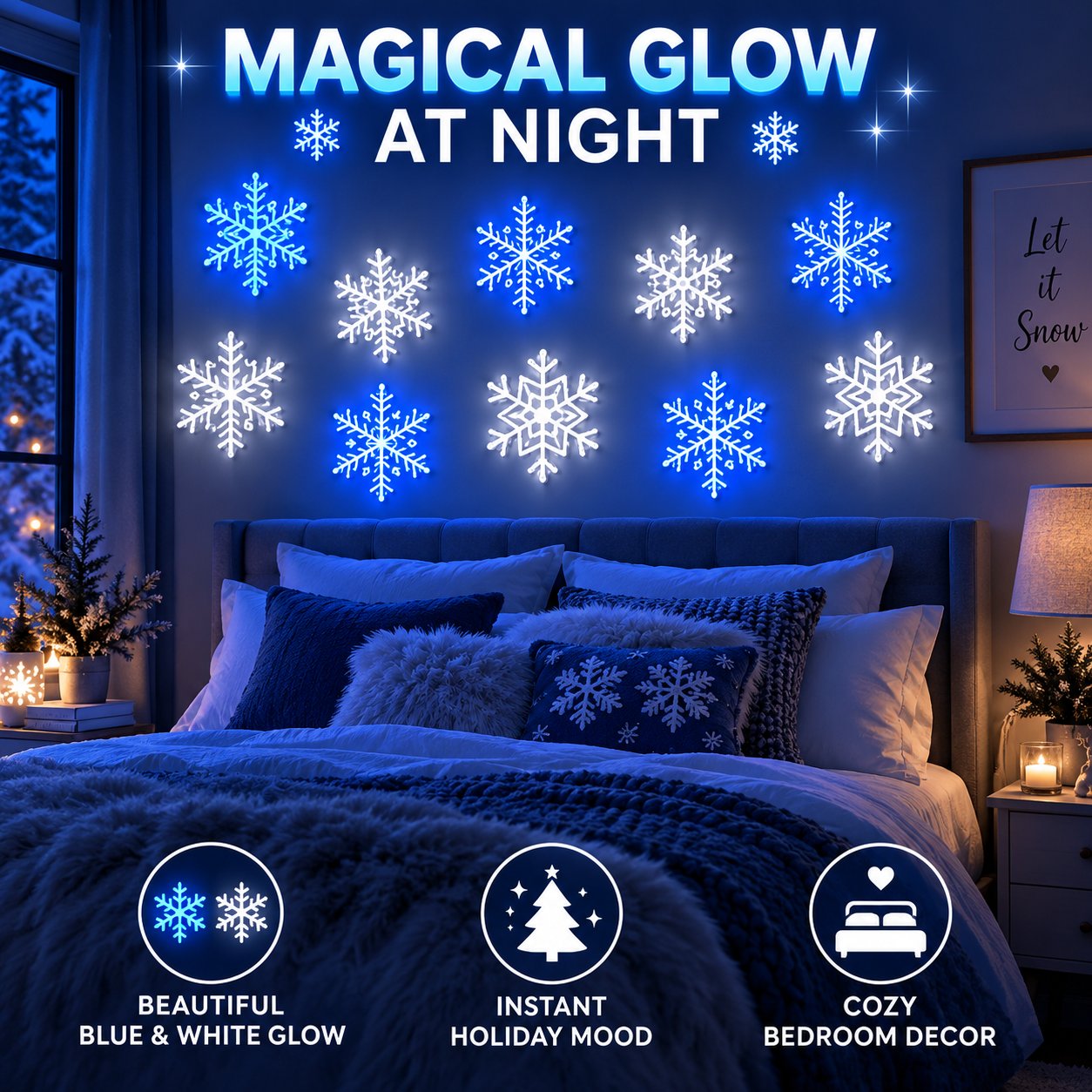 snowflake lights glowing at night