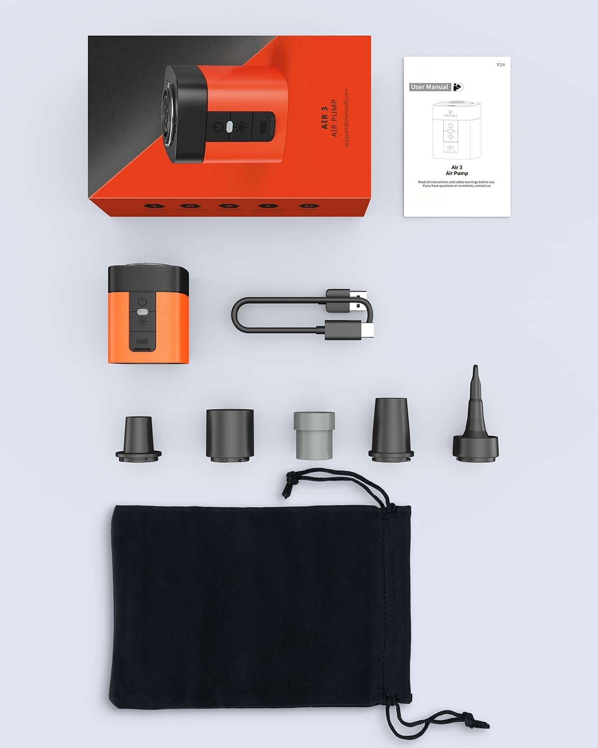 Complete package contents including mini air pump, 5 nozzles, USB Type-C charging cable, storage pouch, and user manual