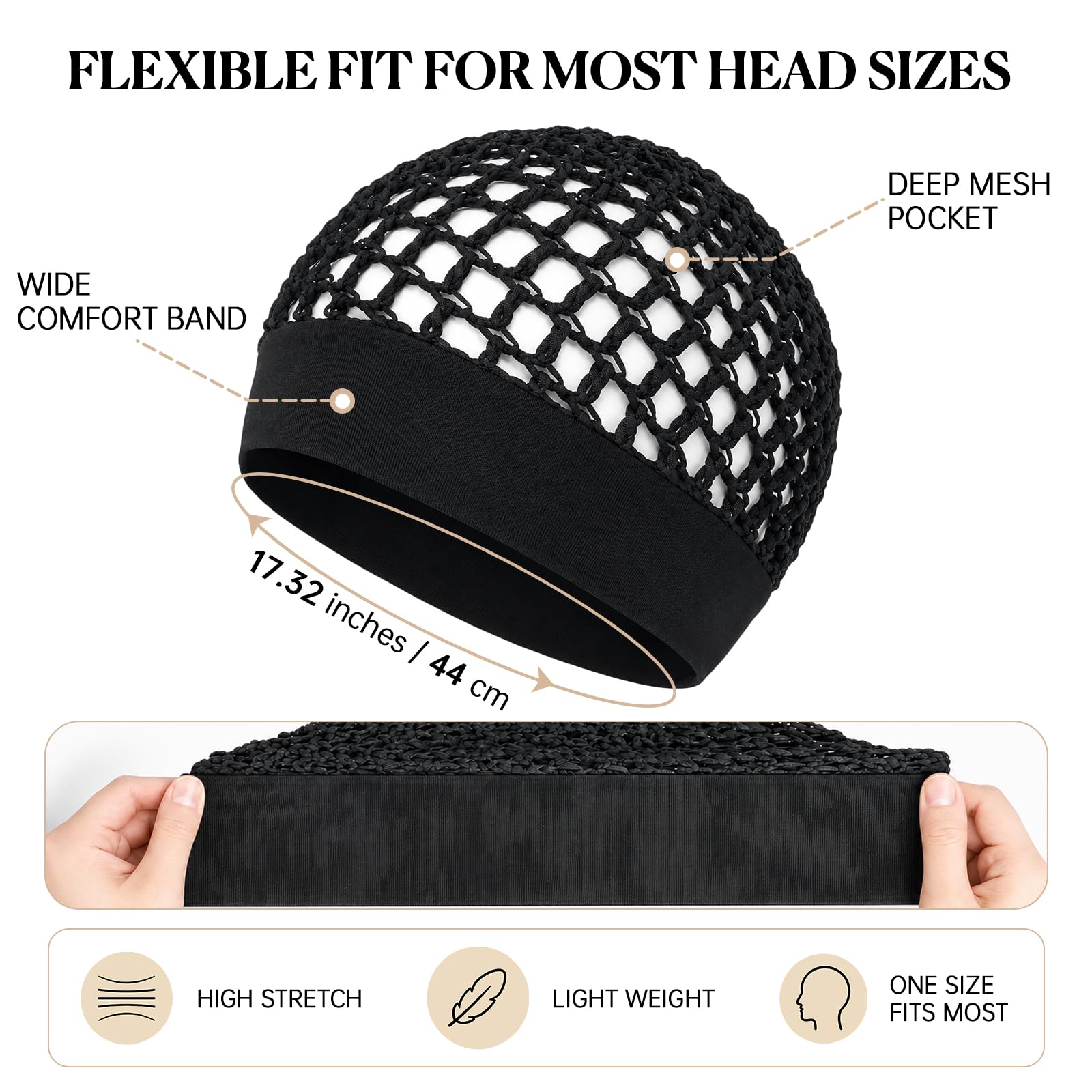 Elastic crochet sleep cap showing a deep mesh pocket, wide comfort band, and 17.32-inch or 44-centimeter band measurement