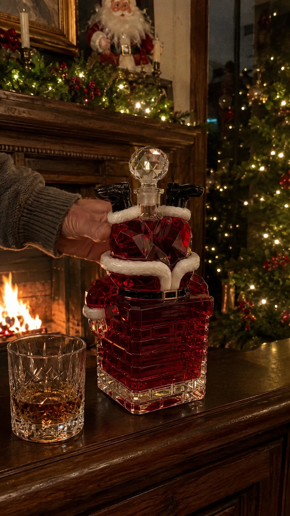Vertical lifestyle view of the Santa Christmas decanter in a cozy holiday home