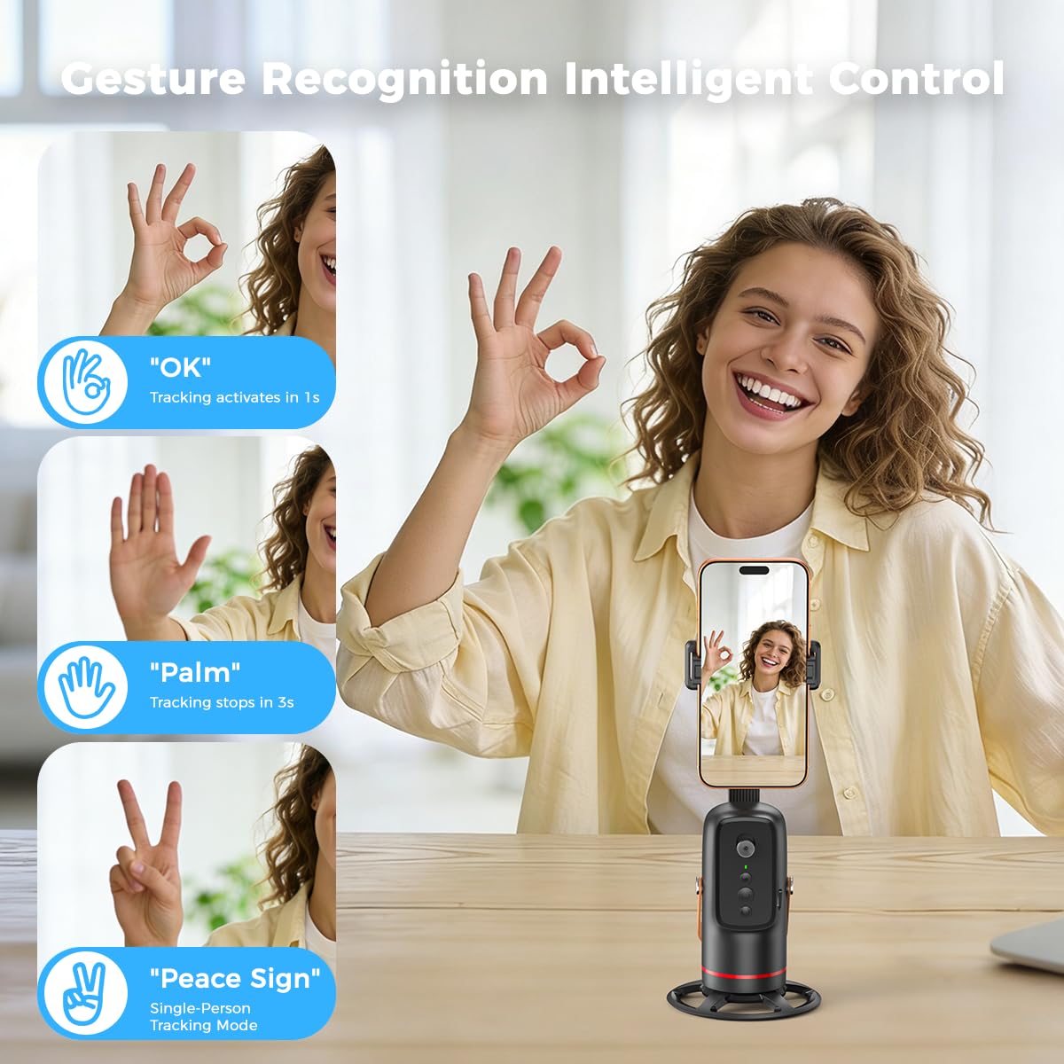 Gesture recognition guide showing OK, open-palm and peace-sign controls for the tracking phone stand