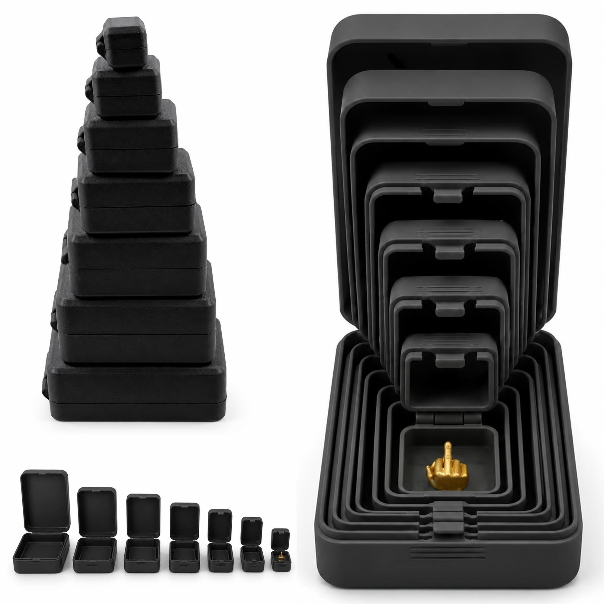 Black seven-piece nesting prank box set shown stacked, open and nested