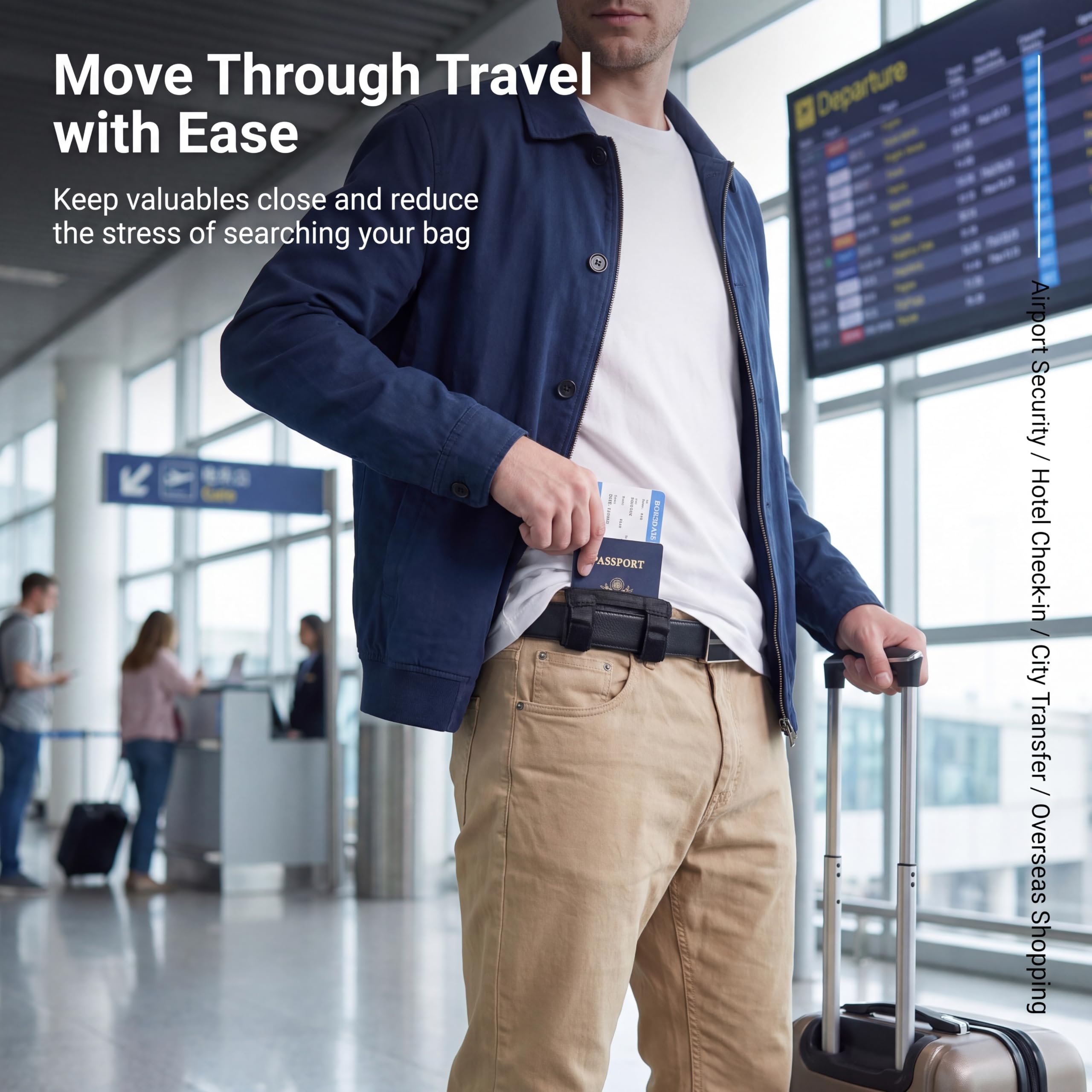 Traveler at an airport reaching for a passport and boarding pass in a belt-mounted hidden travel wallet